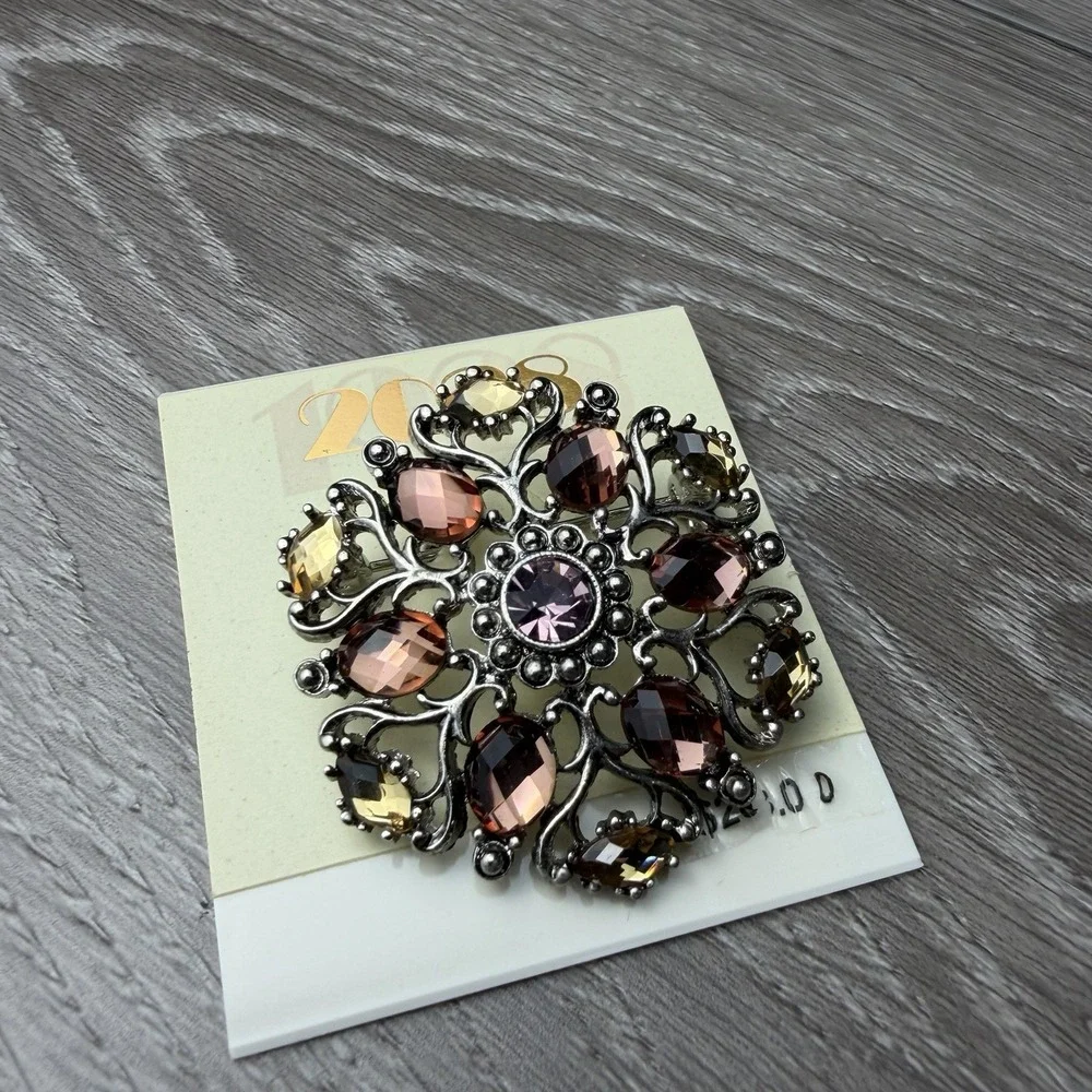 2028 Jewelry Silver Tone Purple Amethyst Topaz Rhinestone Filigree Brooch Pin